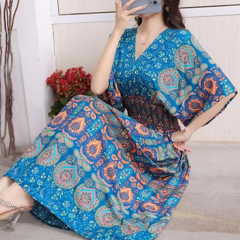 Summer New Casual Elegant Retro Bohemian Style V-neck Elastic Waist Large Swing Printed Long Skirt Autumn Summer Dress