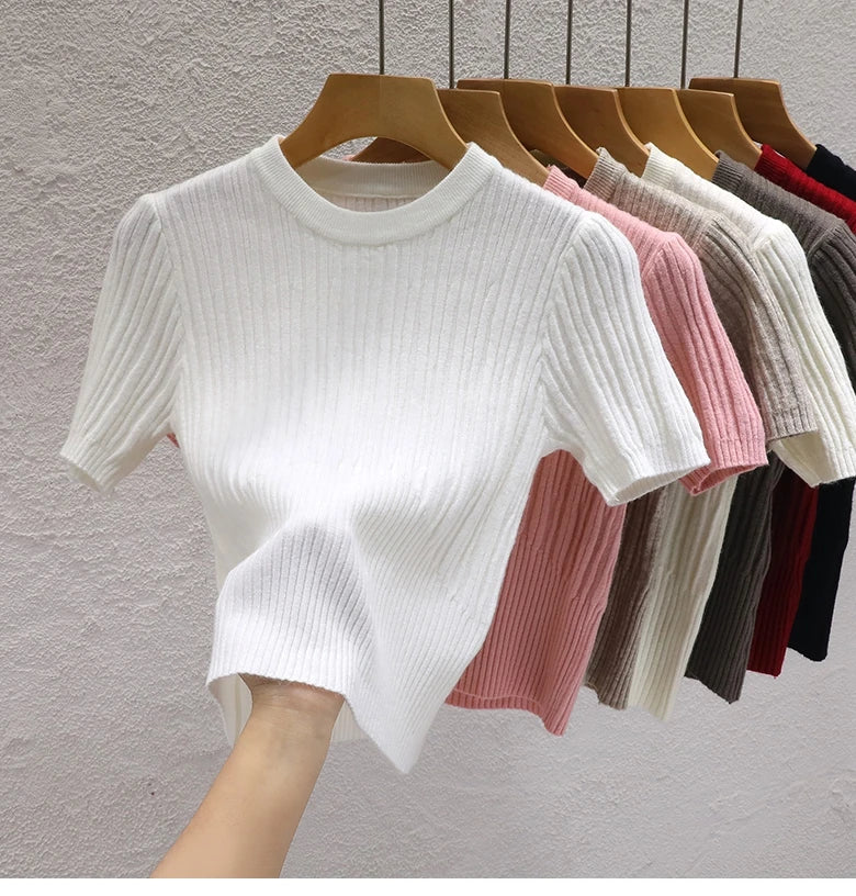 Korean Knit Crop Tee | Women's Casual Solid Basic Top