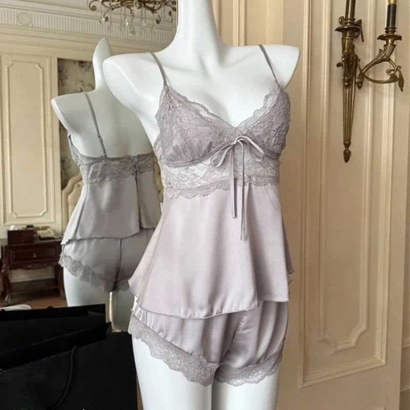 Elegant Lace Sexy Pajamas Women Summer Nightwear With Built In Chest Pad Sexy V Neck 2Pcs Camisole Shorts Homewear Loungewear