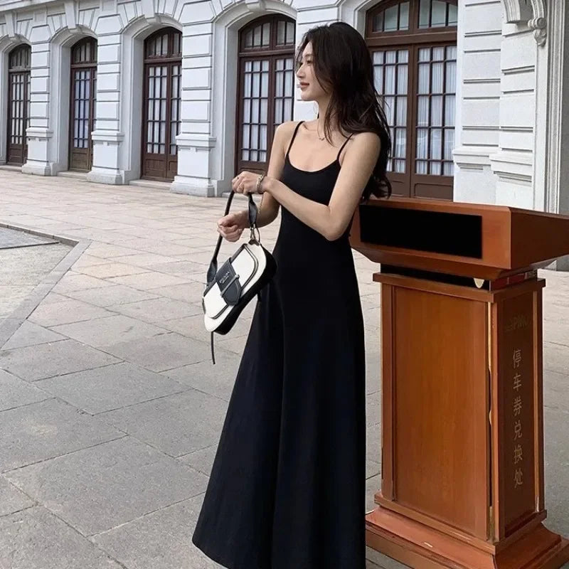 New Summer Sexy Celebrity Style Solid Color Dress for Women with Suspender Long Dress Slim Fit Temperament Vacation Casual Dress