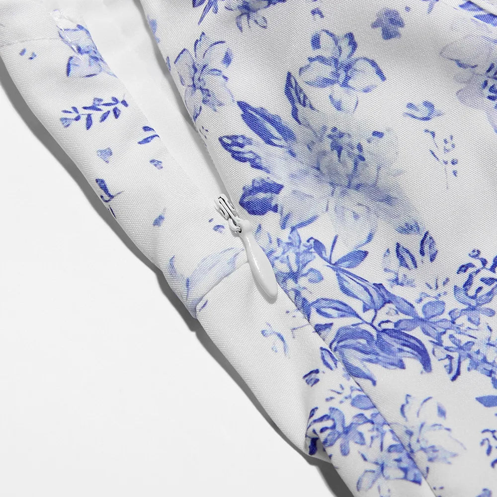 2026 Women's Summer Floral Print Dresses Sweet Elegant Midi Holiday Dress Casual Slit Blue Lace Up Dresses
