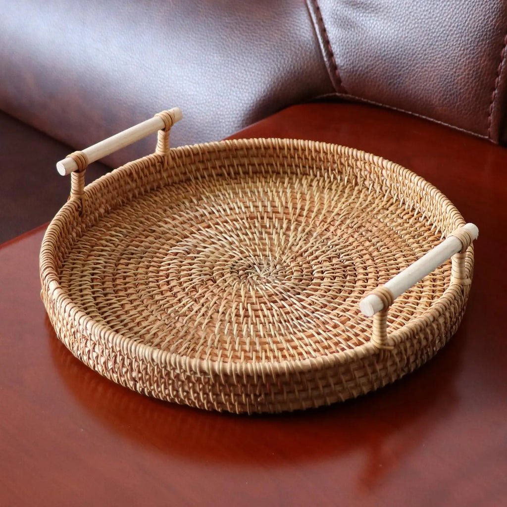 Hand-Woven Basket Storage Tray with Handles Food Tea Decorative