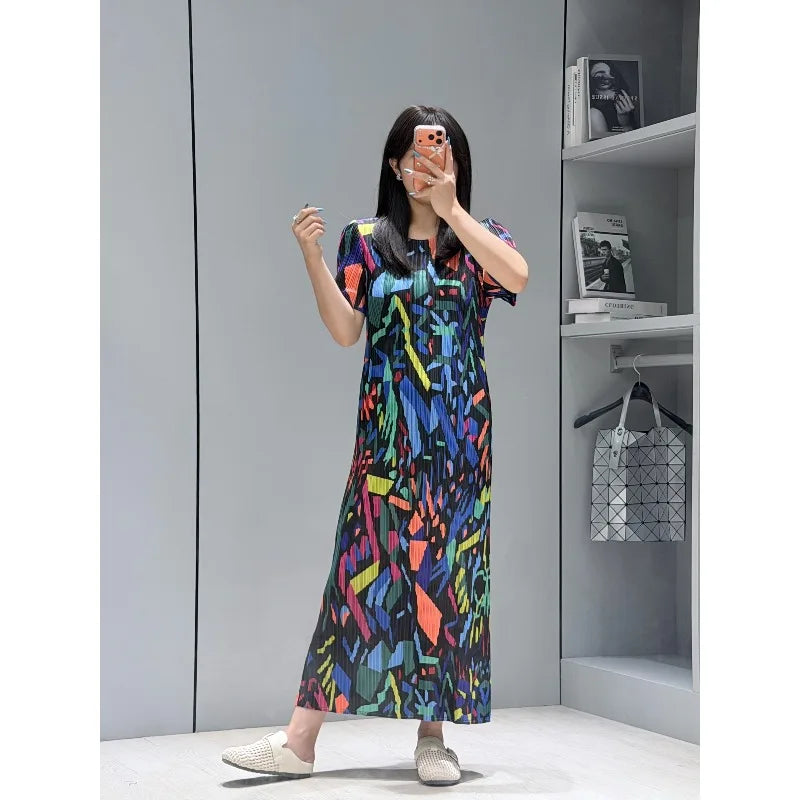 Miyake Pleated Dresses 2026 Summer New Fashion Printed Round Neck Short Sleeve Elegant Women's Draped Elastic Wrinkle-Free Dress