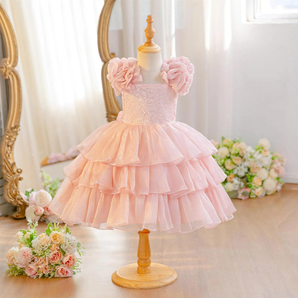 HETISO Baby Girls Summer New Version Layered Dresses Children's One Year Princess Sequined Pink Wedding Party Ball Gown 1-5Y