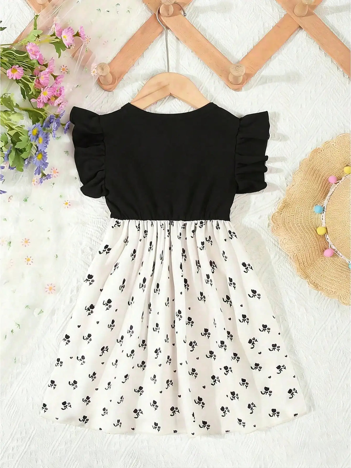 Summer Style Girls' Sleeveless Round Neck Flying Sleeve Pink Printed Dress, Cute Outfit, With Belt