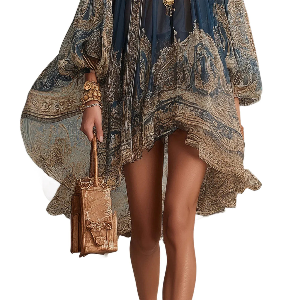 New European-style High-neck Printed Chiffon Dress with Loose, Casual Vacation-themed Shawl Sleeves.