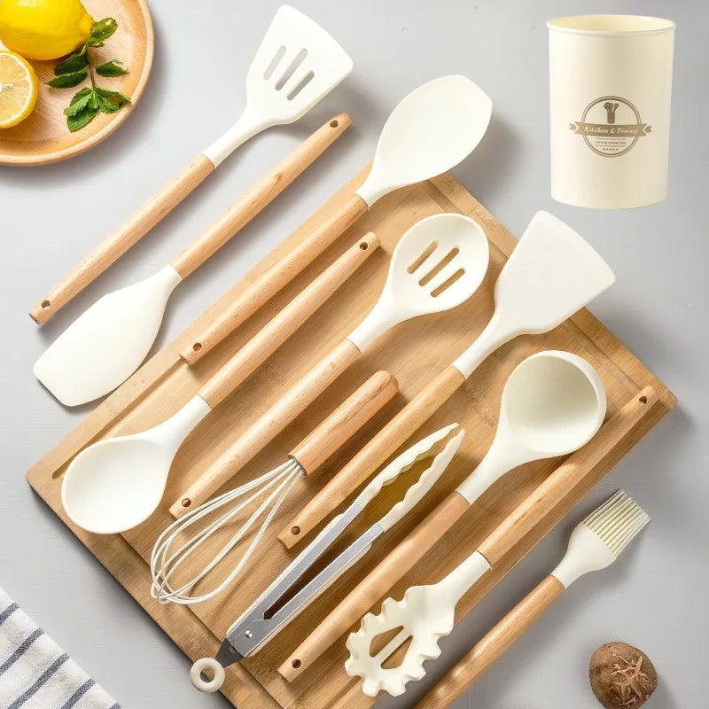 2/12Pcs White Silicone Kitchen Utensils Set with Wooden Handle,Cookware Spatula, Heat Resistant Non-stick Kitchen Cooking Tools