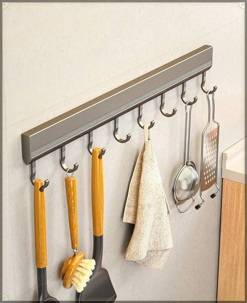 Gancho de cocina sin perforaciones, montaje en pared, organizador de almacenamiento de aluminio, fuerte capacidad de carga, soporte multifuncional para utensilios de cocina