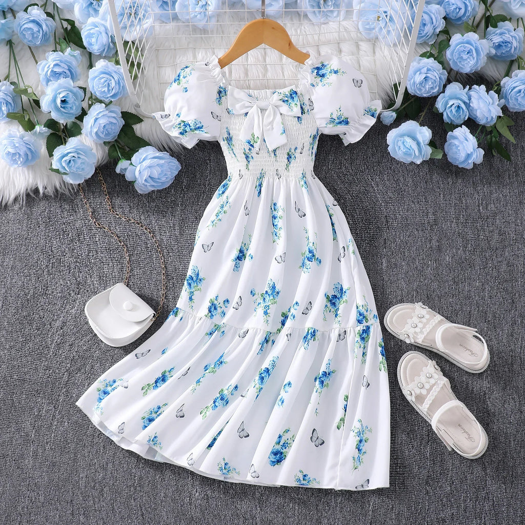 Pink Kids Girl Long Dress Summer Floral Toddler Girls Dresses Cute Sweet Elegant Birthday Party Children Costume 3 4 5 6 7 Yrs