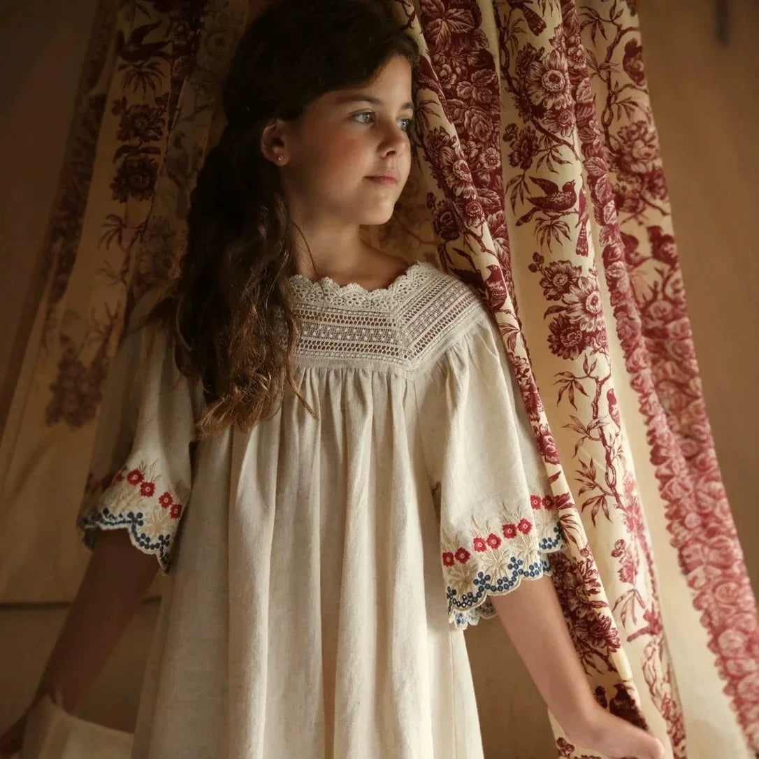 Children's Dress 2026 Summer New Product BD Girls Pastoral Embroidery Wrap Bubble Sleeve Shirt Skirt Princess Dress