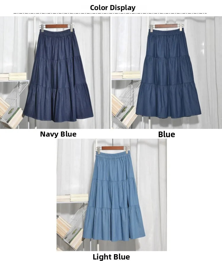 Summer Cake Splicing Denim Skirt Women's A-Line Midi Retro Elastic Waist Slimming Fat MM Light-Colored Skirts Korean Sle Hi...