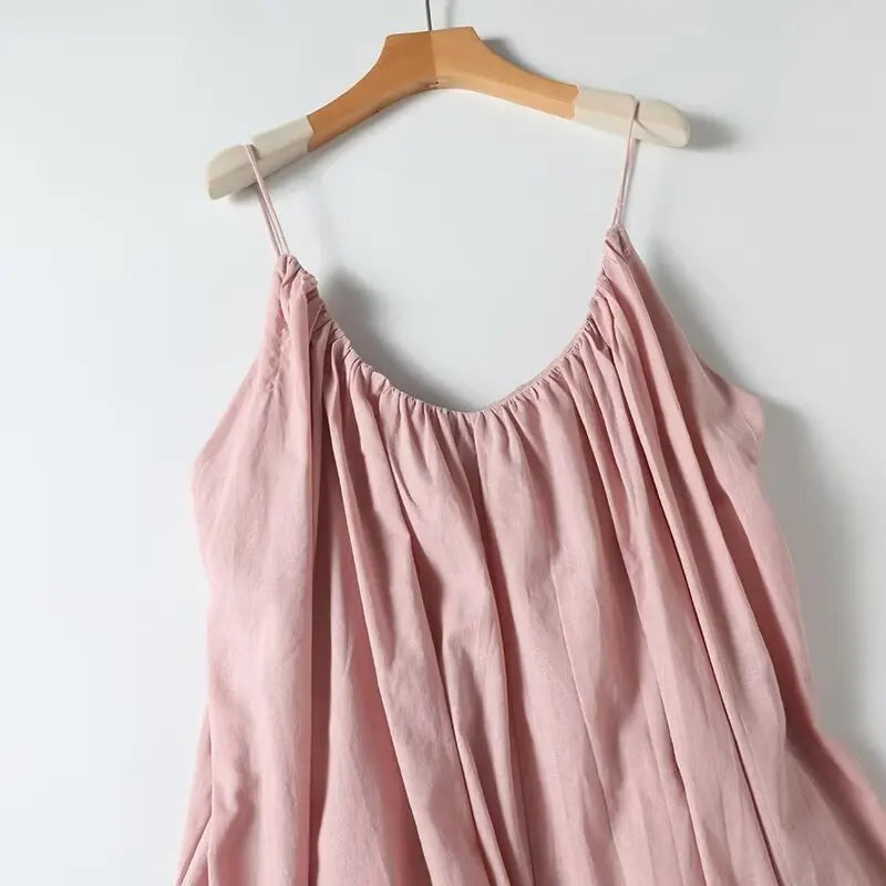 Dave&Di Summer Dress Women Vestidos French Minimalist Pink Suspenders Dress Pleated Fashion Linen Sexy Elegant Midi Dress