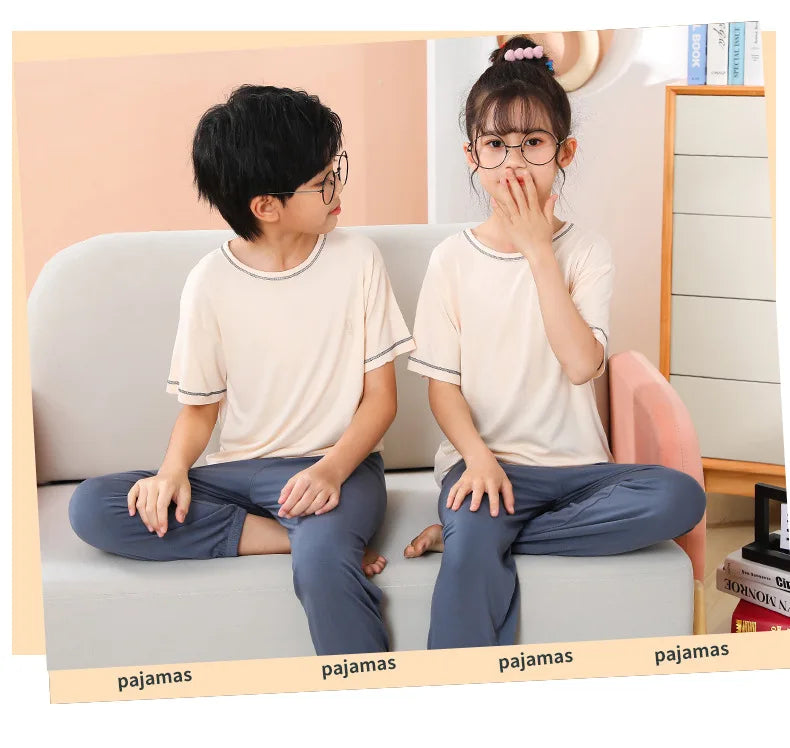 Teenage Boy Pajamas Summer Girl Short Sleeve Children's Clothing Sleepwear Silk Cotton Pyjamas Sets For Kids 4 8 9 12 13 14Years