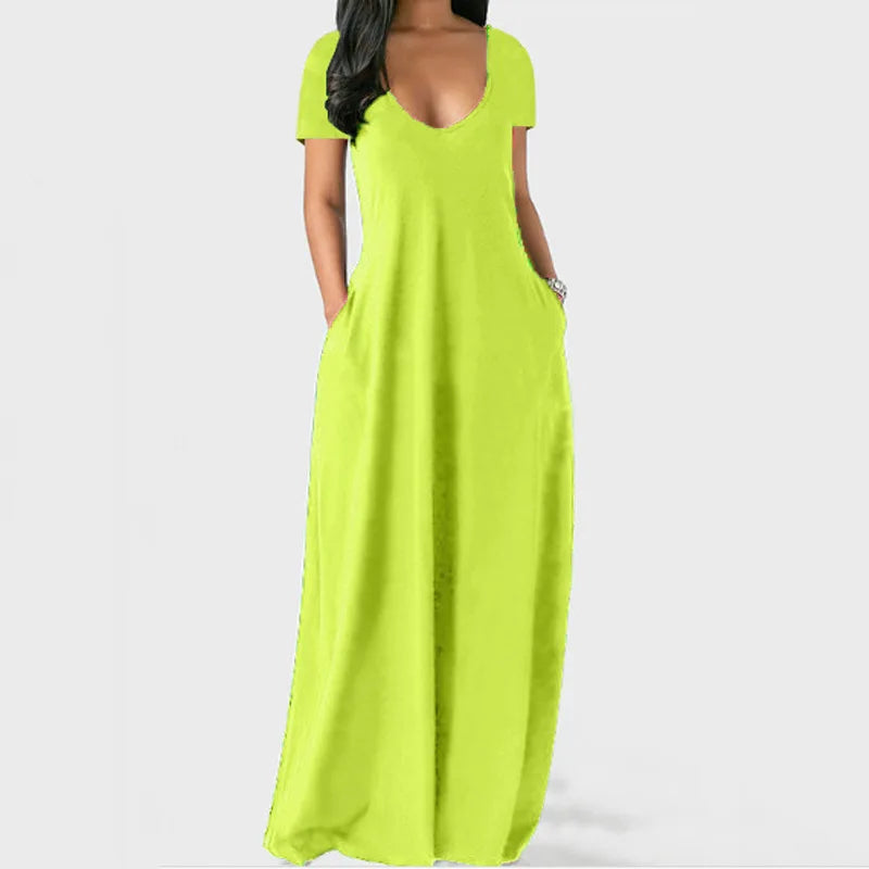 European and American Spring and Summer Women's Solid Color Dress Sexy Deep V Short-Sleeved Long Skirt