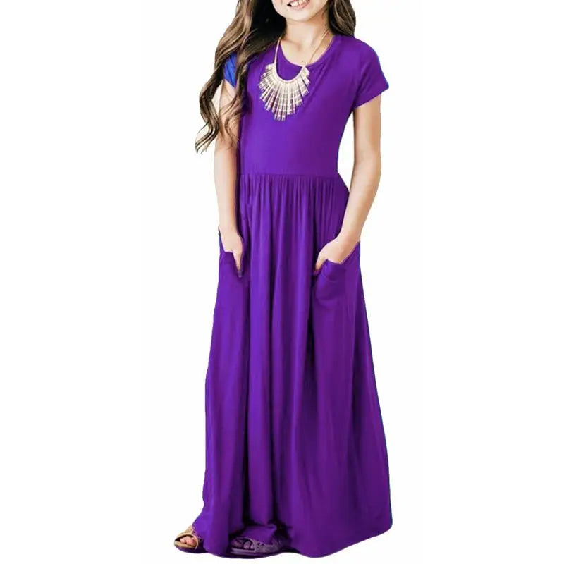 Summer Girls New Solid Color Short Sleeved Long Dress Beach Party Birthday Casual Fashion Show Versatile A-Line Dress