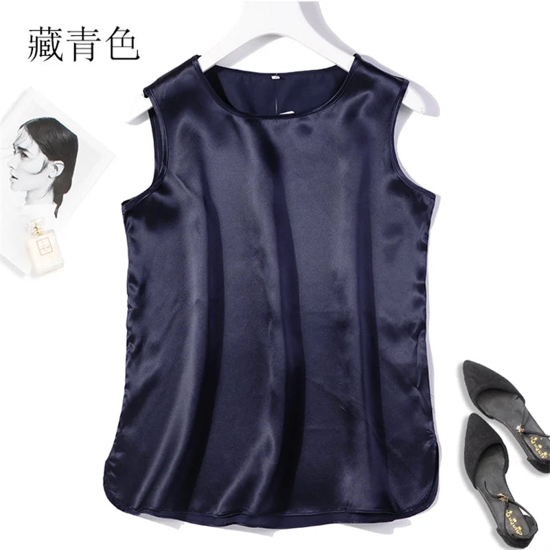 Elegant Fashion Satin Tank Tops Office Lady Blouse Shirts plus  Summer Slim Sleeveless Vest Women Simple O-neck Tops y2k clothes