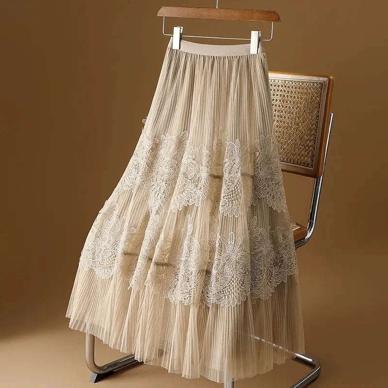Woman Mesh Long Midi Cake Skirt Solid Color Elegant French Tiered Fairy Tulle Skirts Khaki Casual High Waist Faldas