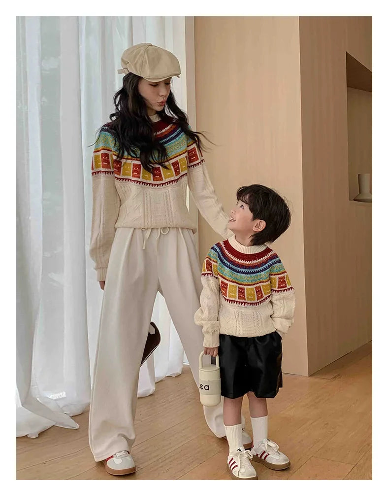 Women Sweater Print Family Daughter Matching Equal Mother Same Knit Top Pullover Baby Knitwear Clothes Knitted Jumper Holiday