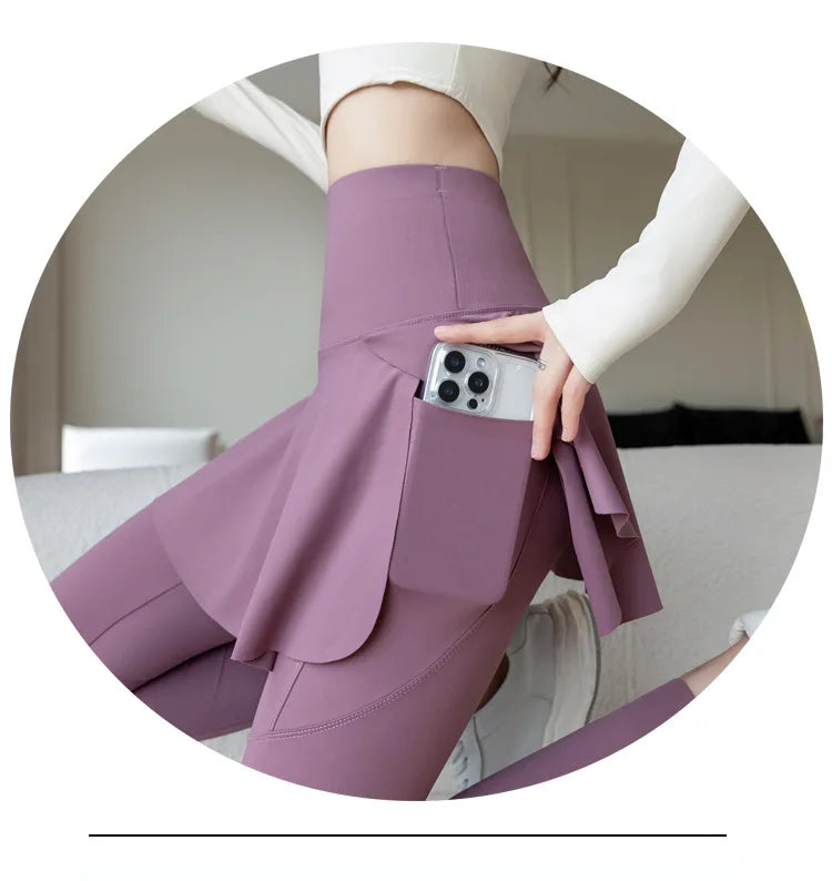 Women Fake Two Pieces Leggings Seamless Fitness Leggings High Waist with Pocket Elastic Slim Fashion Hip Liftting Yoga Pants