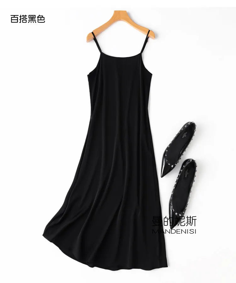 Tcyeek Women Silk Dress 93%Silk 7%Spandex Spaghetti Strap Mid Dresses 2024 Summer New Clothes Blue