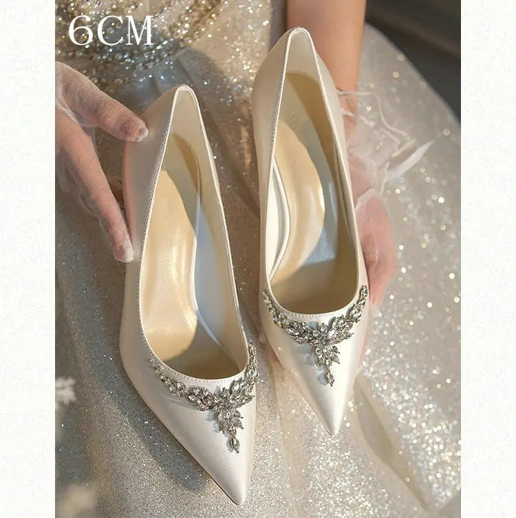 New White Women'S Bridal Wedding Shoes Silk Satin Rhinestone Crystal Shallow Pumps Stiletto High Heels