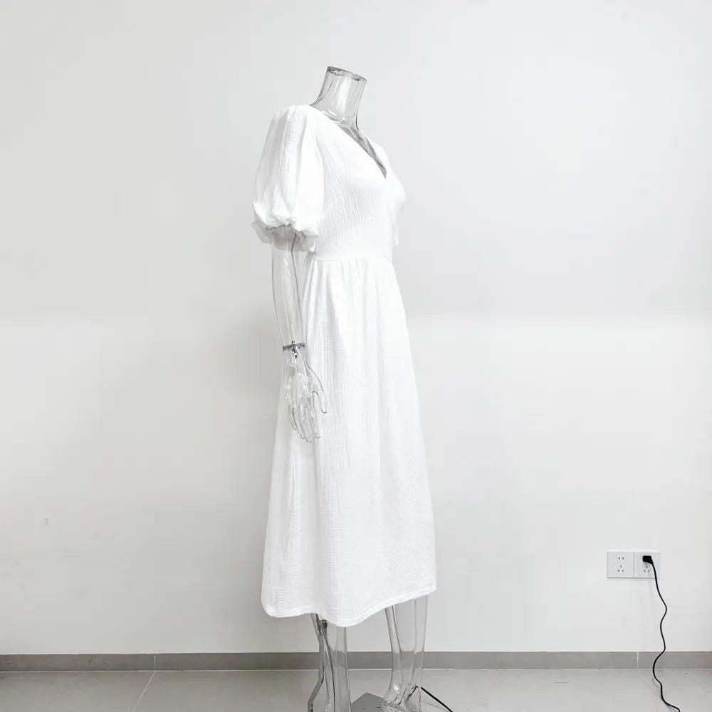 Long Dress Women Dresses Vestidos Lace Up V Neck Puff Sleeve Solid High Waist Female A Line Office Lady Summer 2025 Maxi Gown
