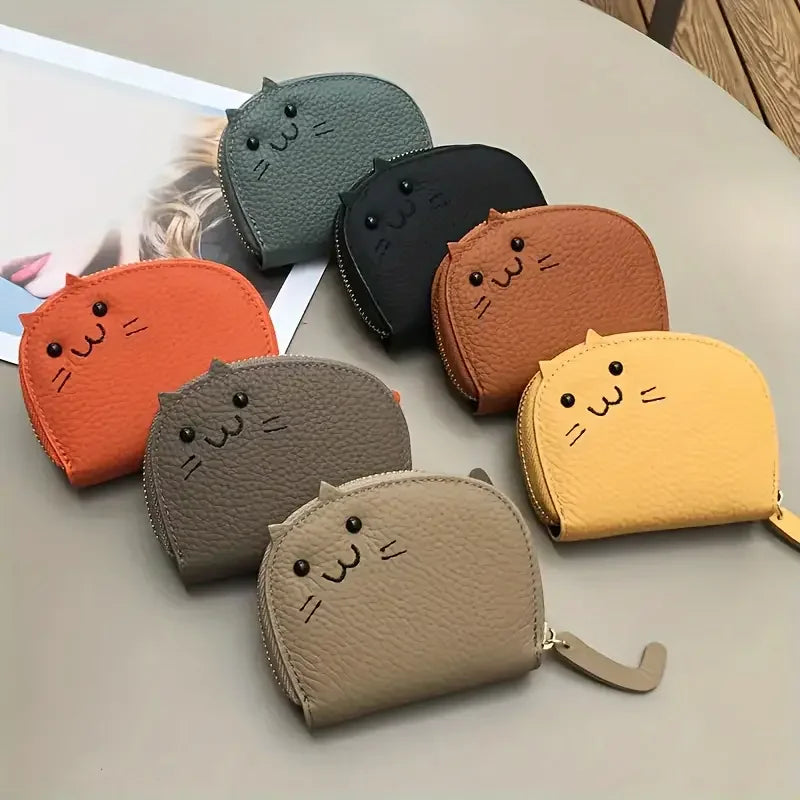 Cartoon Cat Mini Card Wallet Solid Color PU Leather Coin Key Storage Bag Creative ID Card Holder Anti-degaussing Case