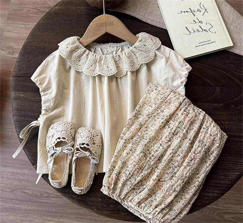 2026 Kids Casual Clothing Suit Children Floral Collar Shirt + Pants 2Pc Outfit Girls Summer Bloomers+Top Set 1-6 Years