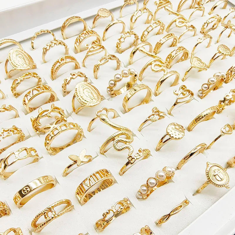 30Pc/Lot Gold Color Finger Rings For Girls New Love Snake Animal Butterfly Cutout Star Pearl Thin Joint Ring Jewelry Women'S