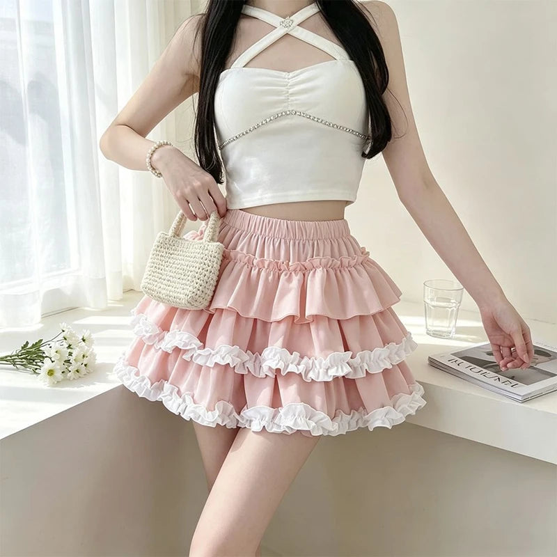 Sweet Ballet Ruffles Mini Skirt Women Ball Gown Casual Pumpkin High Waist Puffy Y2k Clothes Lolita Pleated Skirt with Shorts