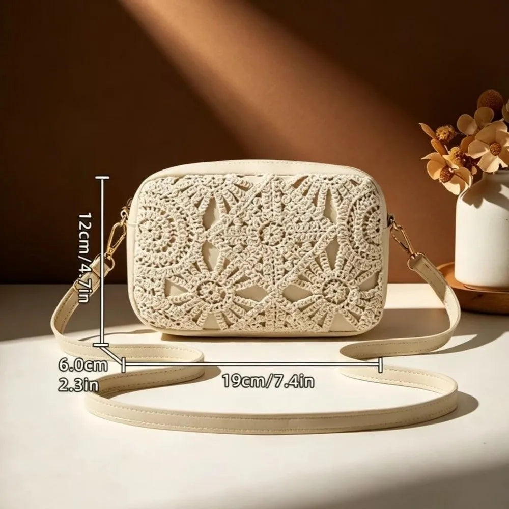 New Bohemian Style Hollow Square Bag PU Leather Ajustable Strap Crossbody Bag Zipper Clousure Boho Beach Bag Vacation Outfits