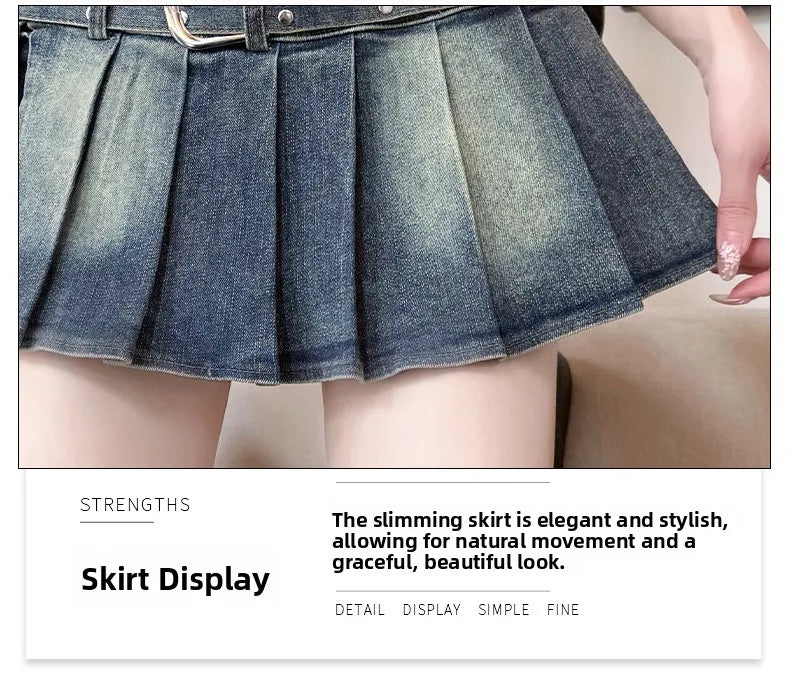 High Waist A-Line  Skirt Women's Denim Pleated Half Body Summer New Style Comfortable Soft Korean Version City Commute