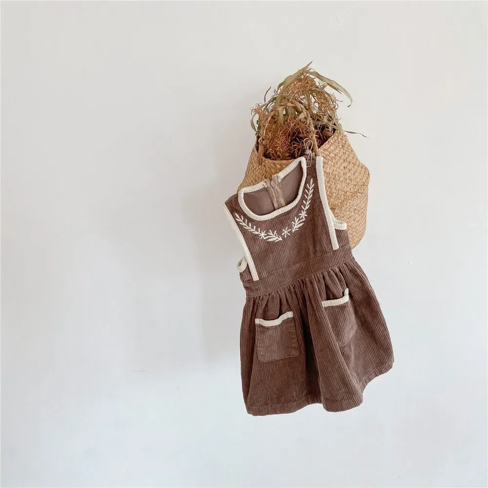 2025 Vinatge Baby Corduroy Sleeveless Dress Little Girls Sundress and Long Sleeve Tops Autumn Winter  Two Piece Set Children