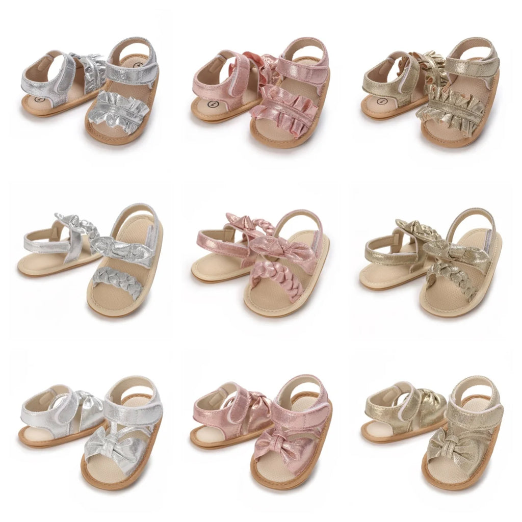 Spring and summer fashion new item fine sparkling bow hem sandals for baby girls, comfortable and breathable walking shoes