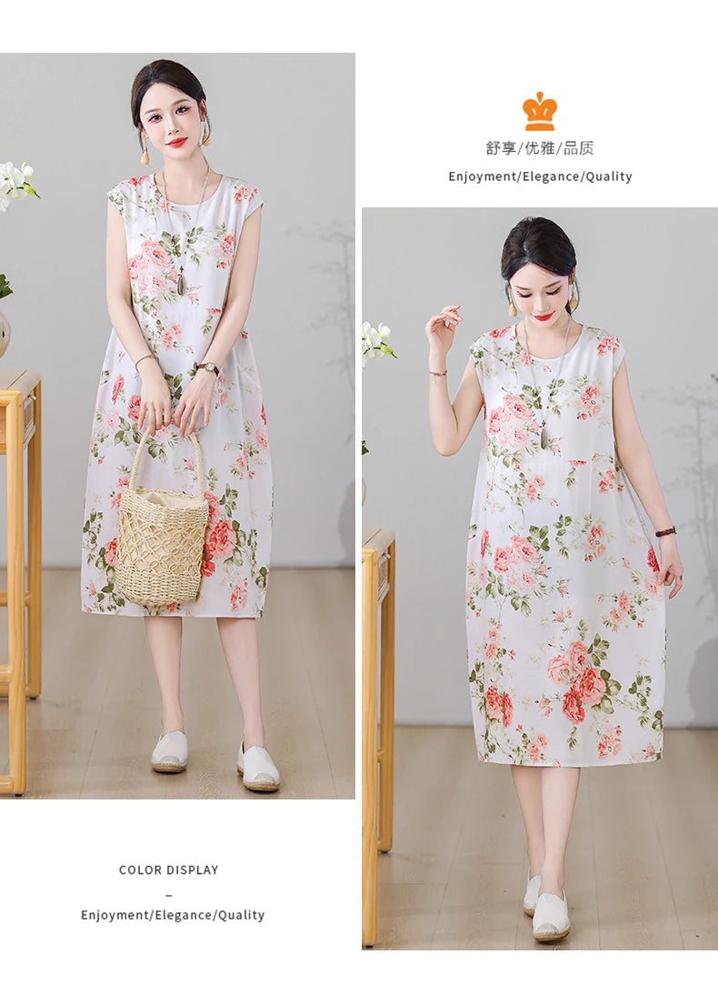 New Fashion Vintage Floral Print  Sleeveless Casual Party Femme Summer Dresses For Women 2025 O-neck Straight Women Clothing