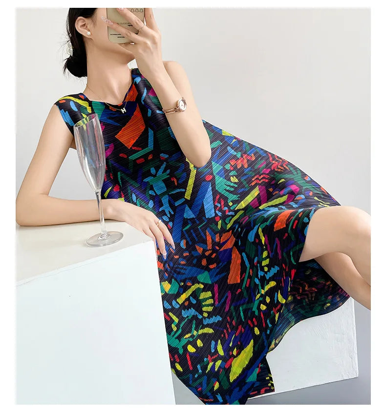 2026 Summer Retro Print Design Flared Dress Women Loose Fit Plus Size Fashion Elegant Sleeveless Dress Travel Vacation Wear