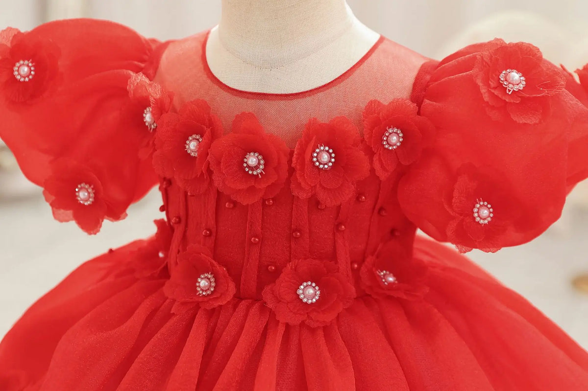 HETISO Summer Infant Baby Girl Dresses Flower Appliques Toddler Kids Birthday Party Princess Wedding Ball Gown