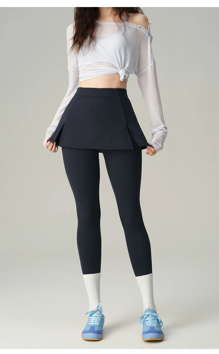 BIVIGAOS Fake Two-Piece Split Skirts Leggings Women Tennis Skirt Built-In Pockets Tight Sports Fitness Yoga Sharkskin Leggings
