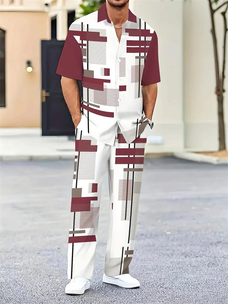 Mens Geometric Color Block Short Sleeve Two Piece Set For Autumn Casual Comfort And Fashion