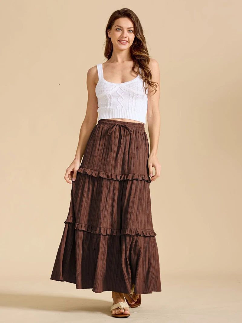 Beiyingni 2025 New In Women's Skirt Pure Color Leisure Fashionable Lace-up A-line Long Maxi Skirts Female Simple Slim Faldas