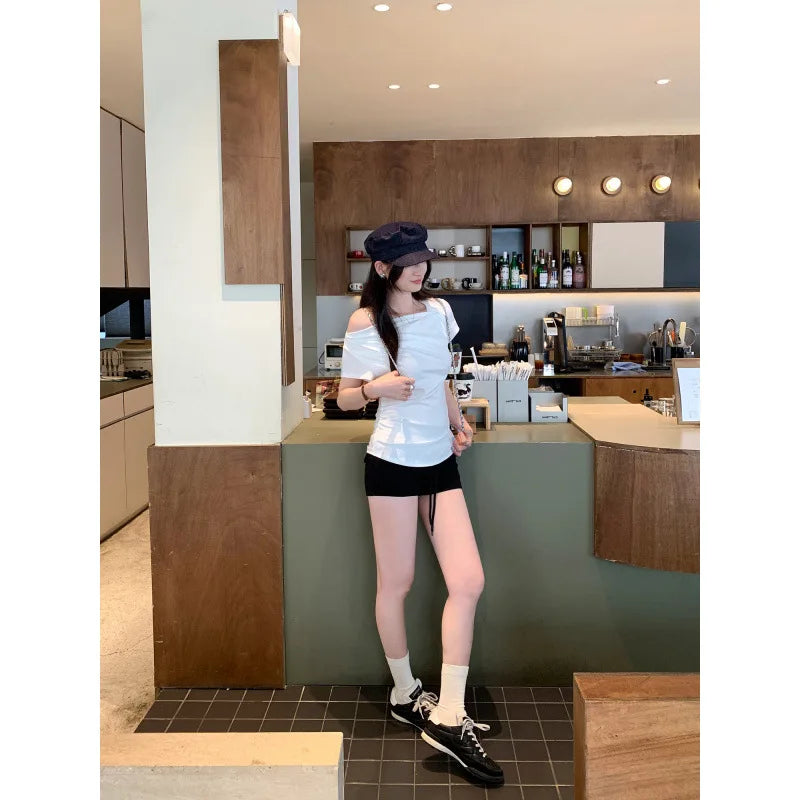 Slim Fit Short Sleeve T-Shirt Women Summer New Style Shoulder Bared Neckline Gathered Waist Elastic Band Casual Style Top