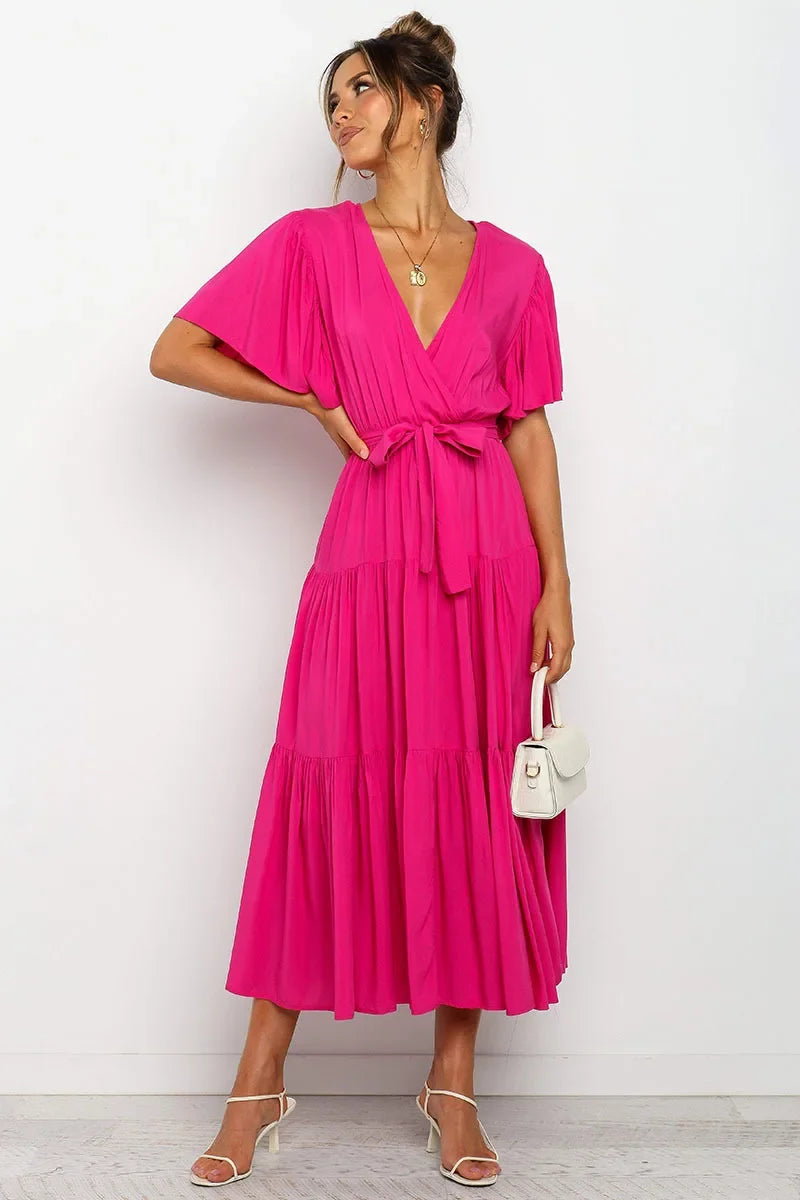Summer Bohemian Long Dress Pure Color V-Neck Short Sleeve Empire Waist Design Floor Length with Belt Loose Fit Women's Dress