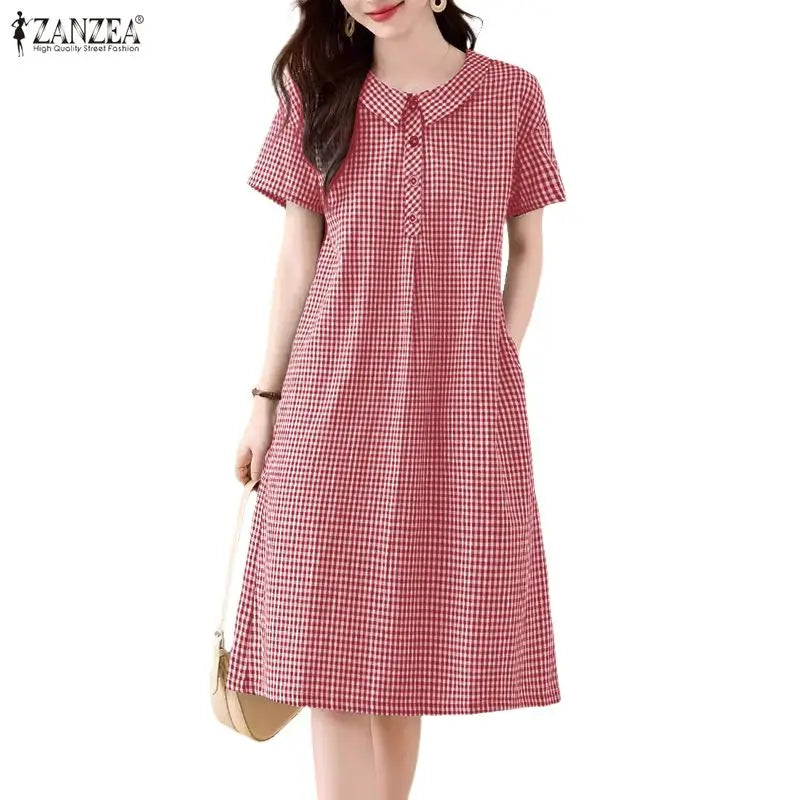 ZANZEA Women's Casual Gingham Short Dresses Turn-Down Collar Half-Button Short Sleeve Knee-Length Dress Summer Robes Femme