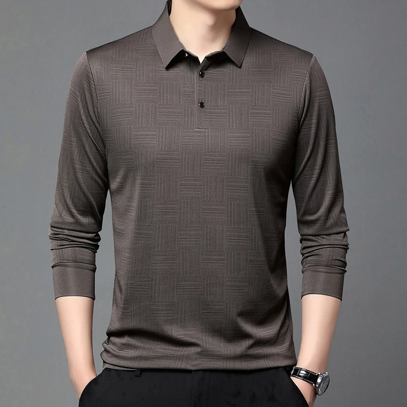 New Men's Business Casual Long Sleeved Shirt Solid Color Polo Shirt Fashionable Breathable Comfortable Versatile Top
