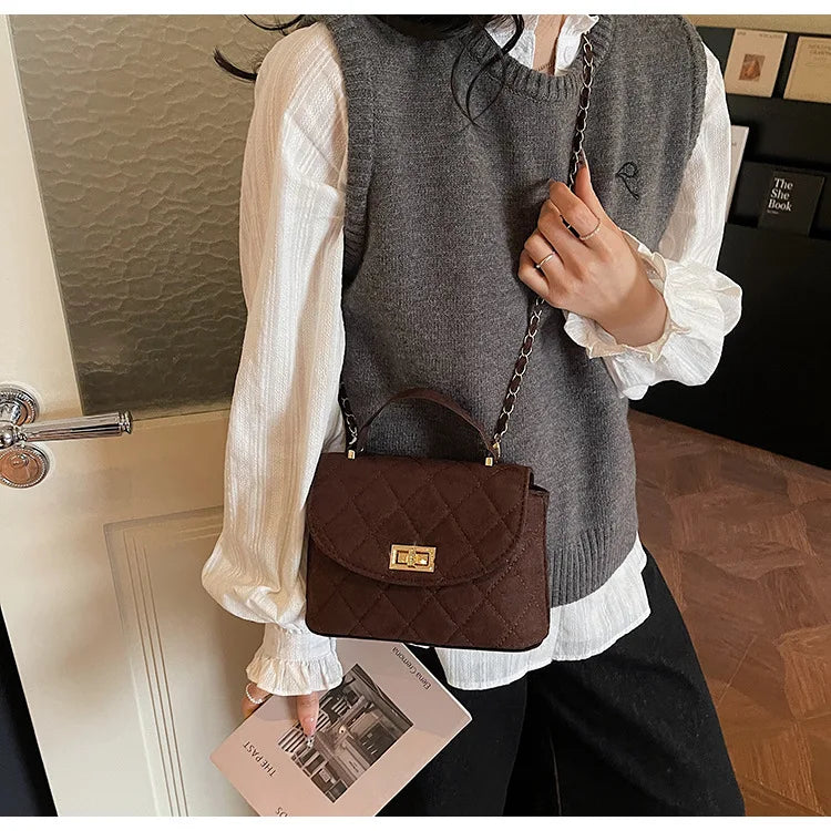 Diamond Grid Chain Crossbody Bag One Shoulder Purse Trendy Flip Top Clutch Women's Fashion Suede Leather Casual Shoulder Bag
