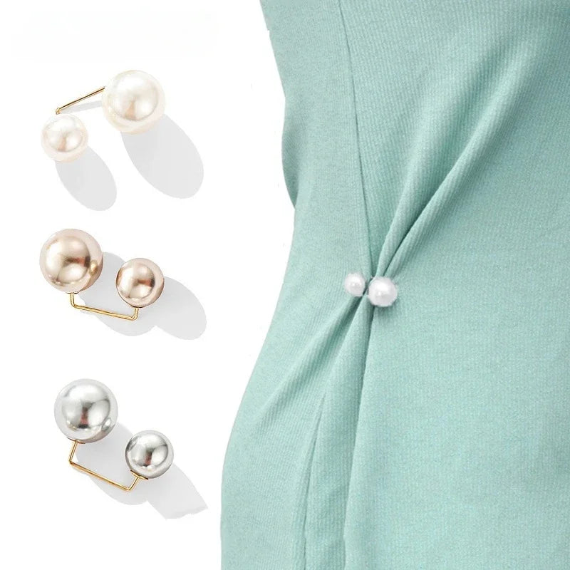 4Pcs/set Women Fashion Tightening Waistband Pin Double Pearl Brooches Metal Lapel Pin Brooch Pins Sweater Shirt Cardigan Brooch