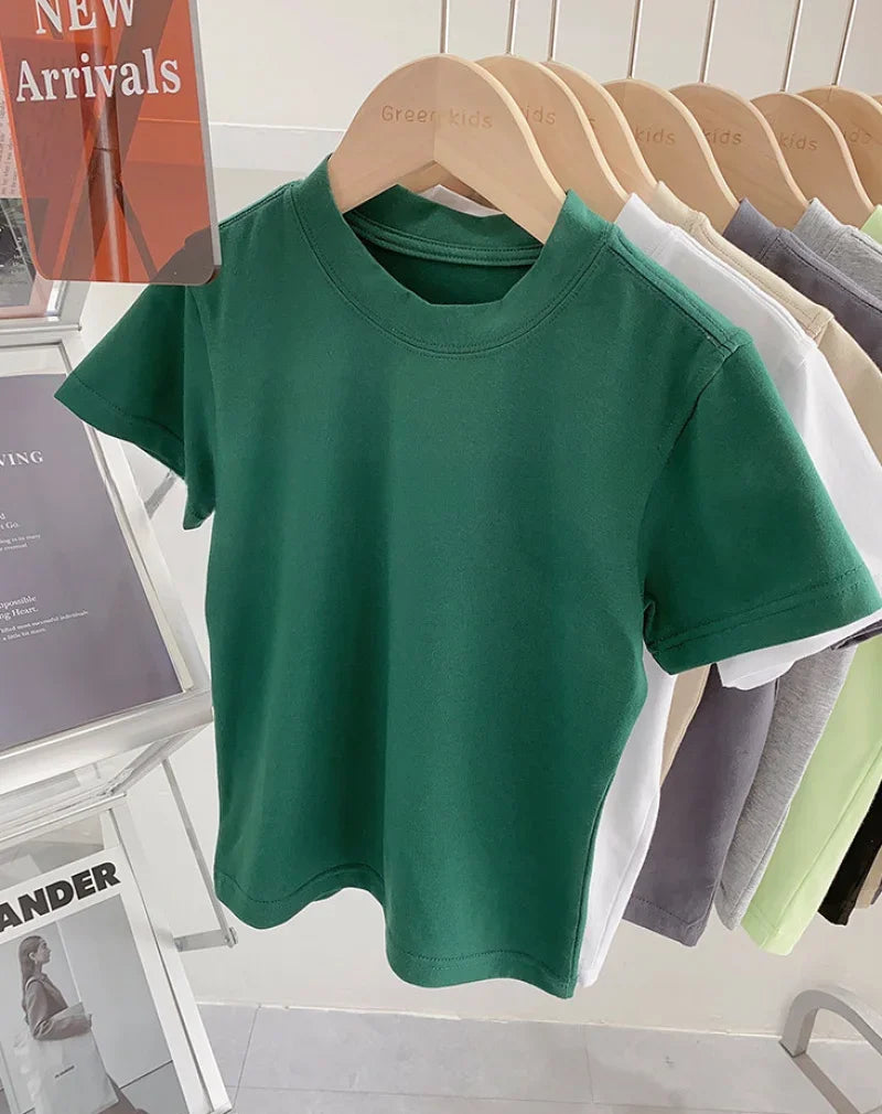 Kids Solid Color Cotton T-Shirt 2026 Spring Summer New Boys Girls Round Neck Short Sleeve Basic Tops Children Casual Tees