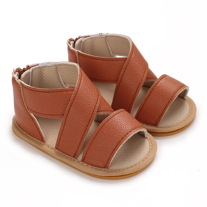 Baby Girls' Brown Leather Sandals - Soft Rubber Sole, 0-18 Months