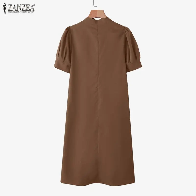 Women Casual A-Line Midi Dress Stand Collar Half Puff Sleeves Solid Color Loose Dresses ZANZEA Minimalist Daily Wear Vestidos