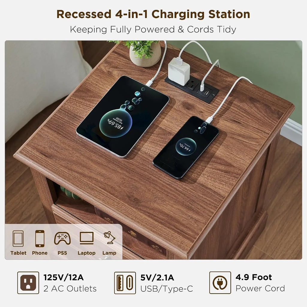 Vintage Nightstand Set of 2 with Charging Station, Light Walnut, Customized